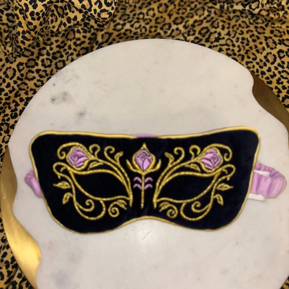Romeo & Juliet Elegant Black and Gold Embroidered velour Eye Mask